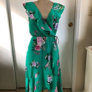 Green floral flutter wrap dress